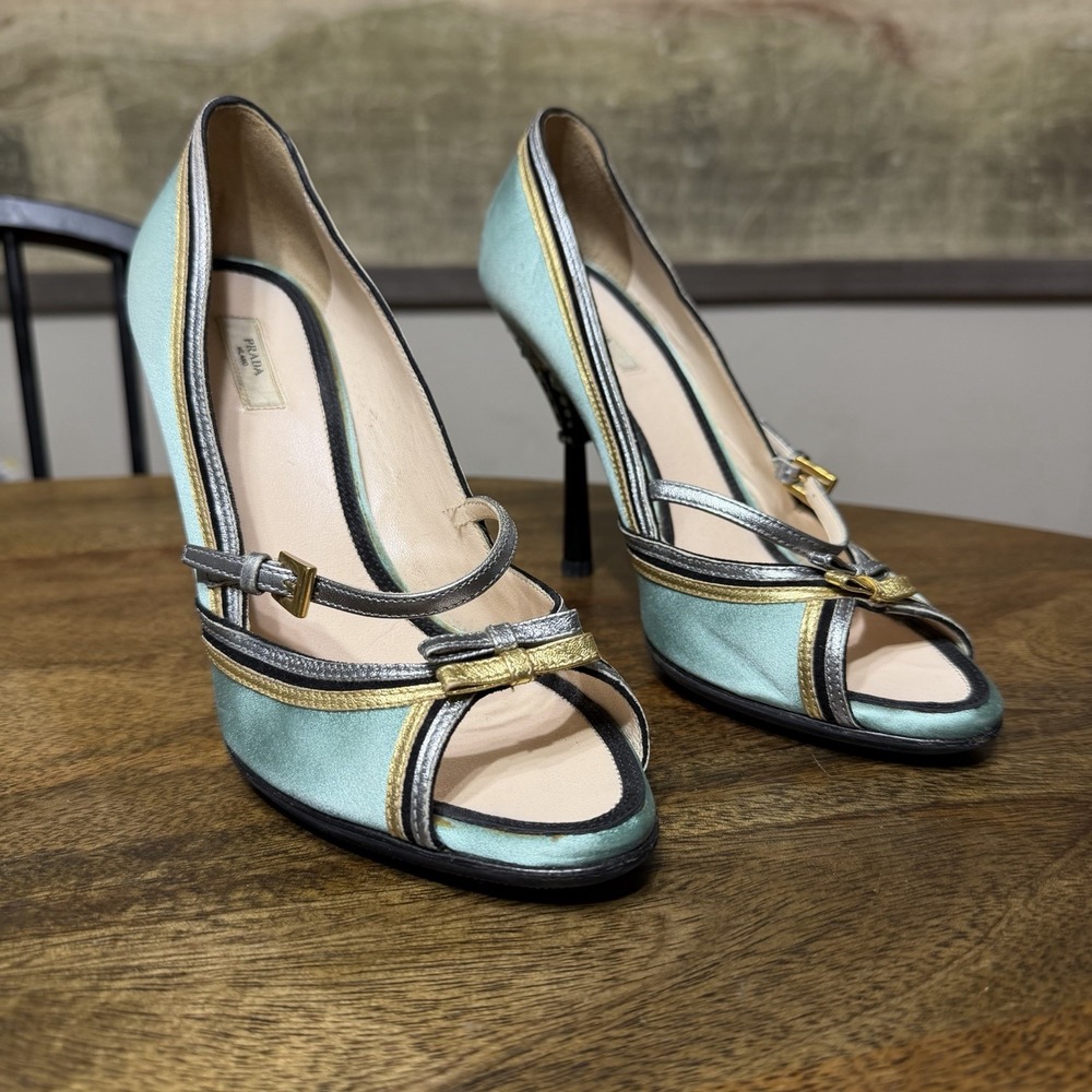 Prada Satin Strappy Studded Heels Green 37 Peep Toe Mary Jane